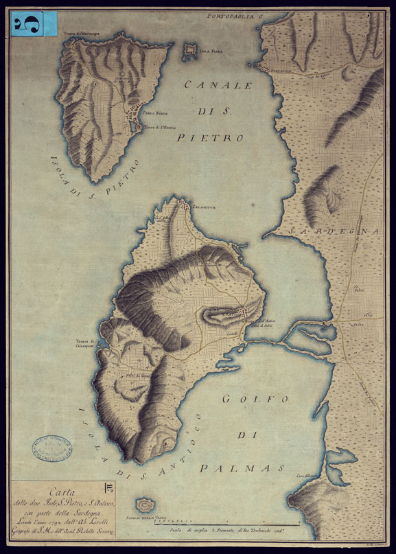 (N:6111) CARTA DELLE DUE ISOLE, S. PIETRO, S. ANTIOCO, CON PARTE DELLE SARDEGNA. LEVATA L'ANNO 1792. DALL'AB.LIRELLI GEOGRAFO DI S. M. E DELL'ACAD. R. DELLE SCIENZE. (CA000547) Carte e stampe antiche: riproduzione a colori su carta (formato A2)