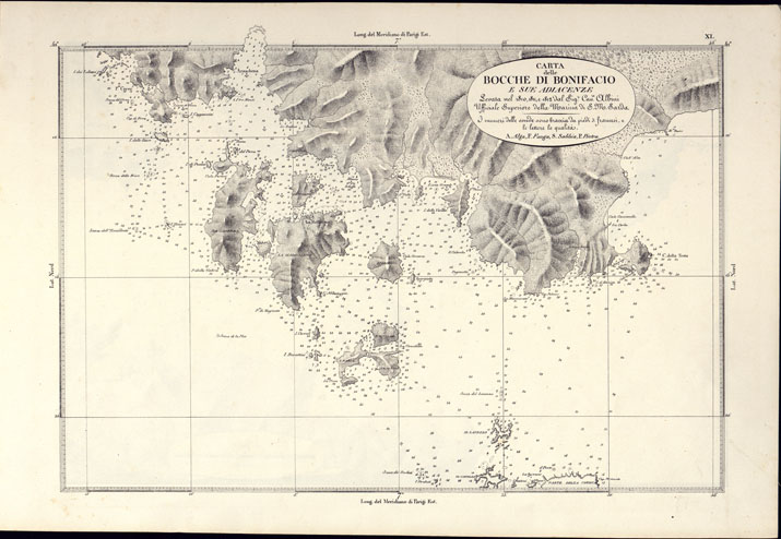 (N:14190) PORTOLANO DELLA SARDEGNA - CARTA IDROGRAFICA DELLA SARDEGNA LEVATA DAL CAVALIERE GIUSEPPE ALBINI CAPITANO DI VASCELLO NELLA MARINA DI S.M. SARDA - CARTA DELLE BOCCHE DI BONIFACIO E SUE ADIACENZE TAVOLA XI. (CA000561) Carte e stampe antiche: riproduzione a colori su carta (formato A2)
