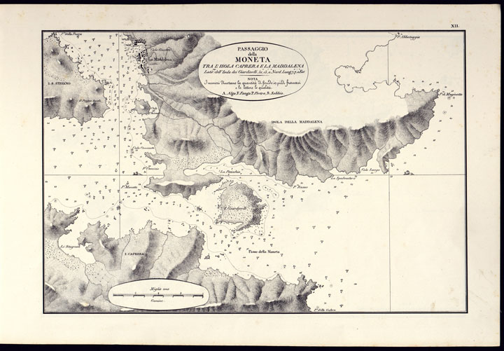 (N:14189) PORTOLANO DELLA SARDEGNA - CARTA IDROGRAFICA DELLA SARDEGNA LEVATA DAL CAVALIERE GIUSEPPE ALBINI CAPITANO DI VASCELLO NELLA MARINA DI S.M. SARDA - PASSAGGIO DELLA MONETA TRA L'ISOLA CAPRERA E LA MADDALENA TAVOLA XII. (CA000562) Carte e stampe antiche: riproduzione a colori su carta (formato A2)