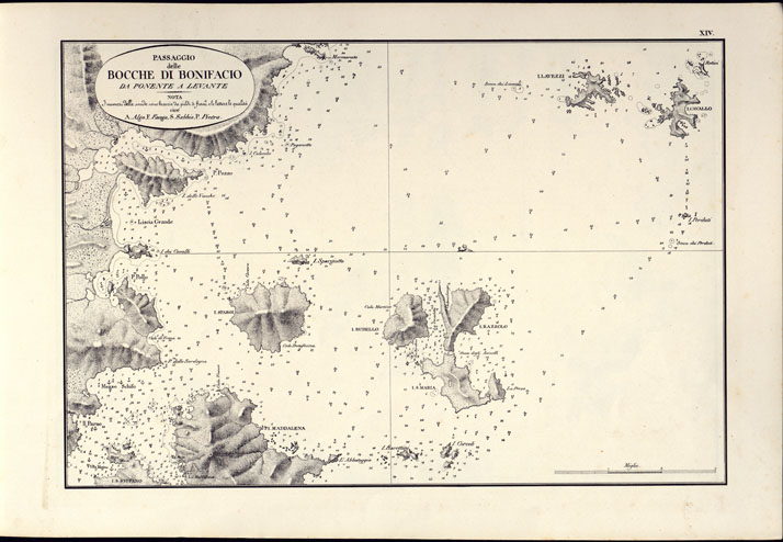 (N:14187) PORTOLANO DELLA SARDEGNA - CARTA IDROGRAFICA DELLA SARDEGNA LEVATA DAL CAVALIERE GIUSEPPE ALBINI CAPITANO DI VASCELLO NELLA MARINA DI S.M. SARDA - PASSAGGIO DELLE BOCCHE DI BONIFACIO DA PONENTE A LEVANTE TAVOLA XIV. (CA000564) Carte e stampe antiche: riproduzione a colori su carta (formato A2)
