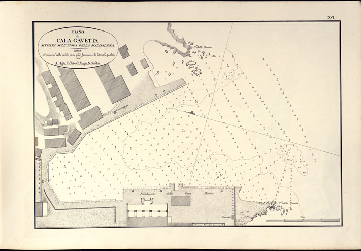 (N:14185) PORTOLANO DELLA SARDEGNA - CARTA IDROGRAFICA DELLA SARDEGNA LEVATA DAL CAVALIERE GIUSEPPE ALBINI CAPITANO DI VASCELLO NELLA MARINA DI S.M. SARDA - PIANO DI CALA GAVETTA SITUATA SULL'ISOLA DELLA MADDALENA TAVOLA XVI. (CA000566) Carte e stampe antiche: riproduzione a colori su carta (formato A2)