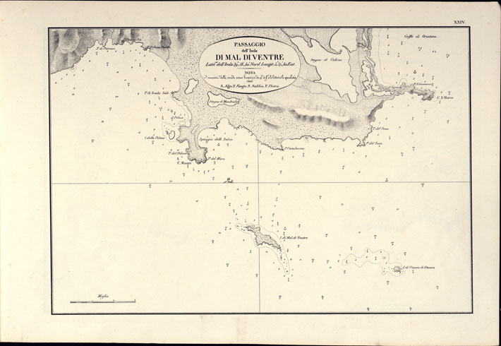 (N:14177) PORTOLANO DELLA SARDEGNA - CARTA IDROGRAFICA DELLA SARDEGNA LEVATA DAL CAVALIERE GIUSEPPE ALBINI CAPITANO DI VASCELLO NELLA MARINA DI S.M. SARDA - PASSAGGIO DELL'ISOLA DI MAL DI VENTRE TAVOLA XXIV. (CA000574) Carte e stampe antiche: riproduzione a colori su carta (formato A2)