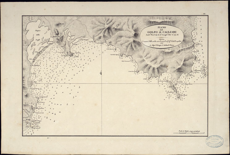(N:23031) PORTOLANO DELLA SARDEGNA - CARTA IDROGRAFICA DELLA SARDEGNA LEVATA DAL CAVALIERE GIUSEPPE ALBINI CAPITANO DI VASCELLO NELLA MARINA DI S.M. SARDA - PIANO DEL GOLFO DI CAGLIARI TAVOLA III. (CA000584, CA000614, CA000644) Carte e stampe antiche: riproduzione a colori su carta (formato A2)