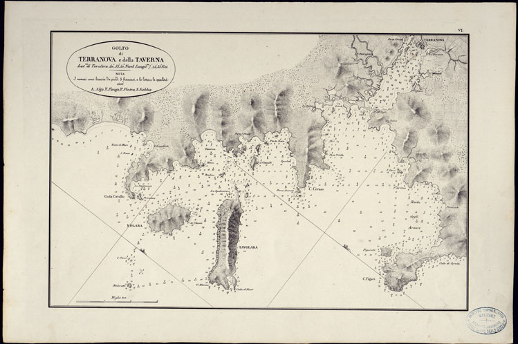 (N:23034) PORTOLANO DELLA SARDEGNA - CARTA IDROGRAFICA DELLA SARDEGNA LEVATA DAL CAVALIERE GIUSEPPE ALBINI CAPITANO DI VASCELLO NELLA MARINA DI S.M. SARDA - GOLFO DI TERRANOVA E DELLA TAVERNA - TAVOLA VI. (CA000587, CA000617, CA000647) Carte e stampe antiche: riproduzione a colori su carta (formato A2)