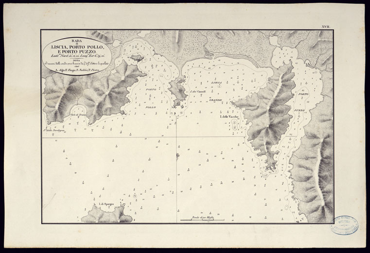 (N:23045) PORTOLANO DELLA SARDEGNA - CARTA IDROGRAFICA DELLA SARDEGNA LEVATA DAL CAVALIERE GIUSEPPE ALBINI CAPITANO DI VASCELLO NELLA MARINA DI S.M. SARDA  - RADA DI LISCIA PORTO POLLO E PORTO PUZZO TAVOLA XVII. (CA000598, CA000628, CA000658) Carte e stampe antiche: riproduzione a colori su carta (formato A2)