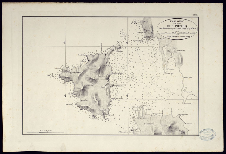 (N:23054) PORTOLANO DELLA SARDEGNA - CARTA IDROGRAFICA DELLA SARDEGNA LEVATA DAL CAVALIERE GIUSEPPE ALBINI CAPITANO DI VASCELLO NELLA MARINA DI S.M. SARDA  - PASSAGGIO dell'ISOLA DI SAN PIETRO TAVOLA XXVI. (CA000607, CA000637, CA000667) Carte e stampe antiche: riproduzione a colori su carta (formato A2)