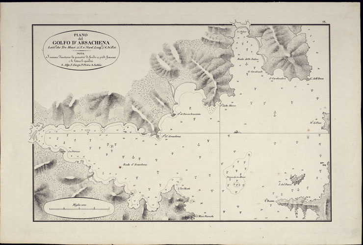 (N:23037) PORTOLANO DELLA SARDEGNA - CARTA IDROGRAFICA DELLA SARDEGNA LEVATA DAL CAVALIERE GIUSEPPE ALBINI CAPITANO DI VASCELLO NELLA MARINA DI S.M. SARDA - PIANO DEL GOLFO D'ARSACHENA - TAVOLA IX. (CA000590, CA000620, CA000650) Carte e stampe antiche: riproduzione a colori su carta (formato A2)