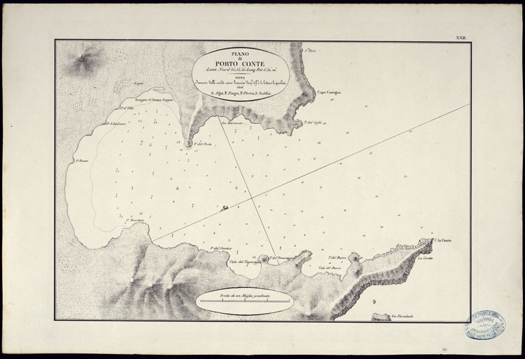 (N:23050) PORTOLANO DELLA SARDEGNA - CARTA IDROGRAFICA DELLA SARDEGNA LEVATA DAL CAVALIERE GIUSEPPE ALBINI CAPITANO DI VASCELLO NELLA MARINA DI S.M. SARDA - PIANO DI PORTO CONTE  TAVOLA XXII. (CA000603, CA000633, CA000663) Carte e stampe antiche: riproduzione a colori su carta (formato A2)
