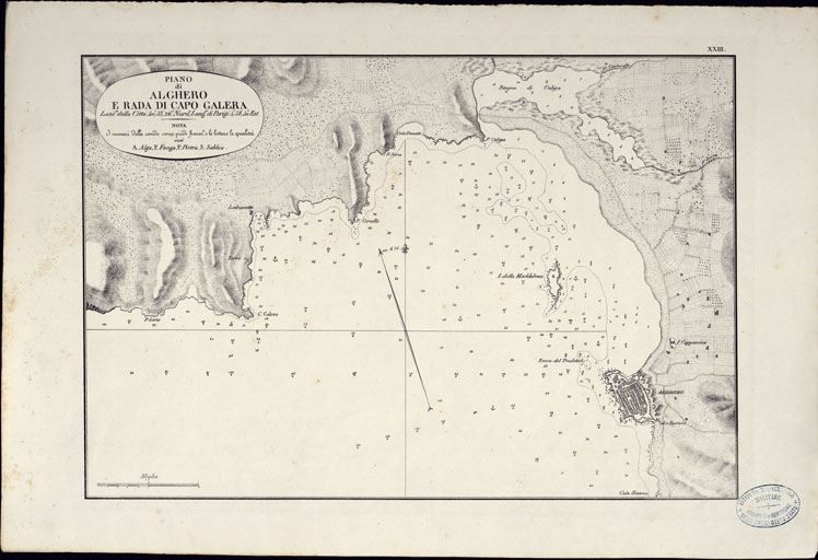 (N:23051) PORTOLANO DELLA SARDEGNA - CARTA IDROGRAFICA DELLA SARDEGNA LEVATA DAL CAVALIERE GIUSEPPE ALBINI CAPITANO DI VASCELLO NELLA MARINA DI S.M. SARDA  - PIANO DI ALGHERO E RADA DI CAPO GALERA TAVOLA XXIII. (CA000604, CA000634, CA000664) Carte e stampe antiche: riproduzione a colori su carta (formato A2)