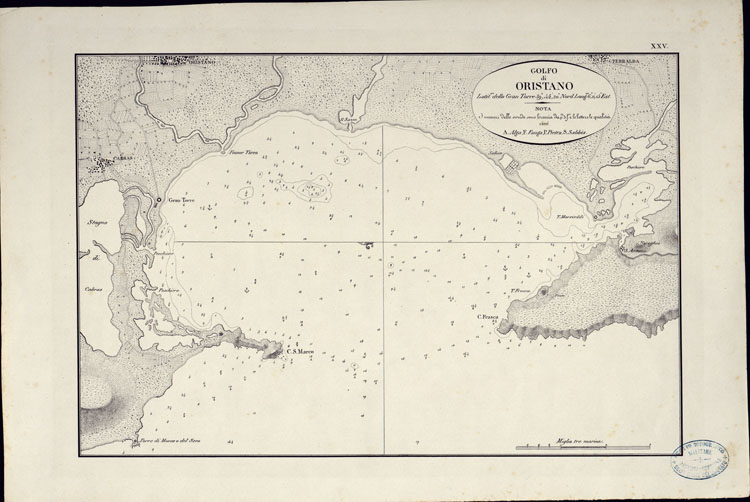 (N:23053) PORTOLANO DELLA SARDEGNA - CARTA IDROGRAFICA DELLA SARDEGNA LEVATA DAL CAVALIERE GIUSEPPE ALBINI CAPITANO DI VASCELLO NELLA MARINA DI S.M. SARDA  - GOLFO DI ORISTANO TAVOLA XXV. (CA000606, CA000636, CA000666) Carte e stampe antiche: riproduzione a colori su carta (formato A2)