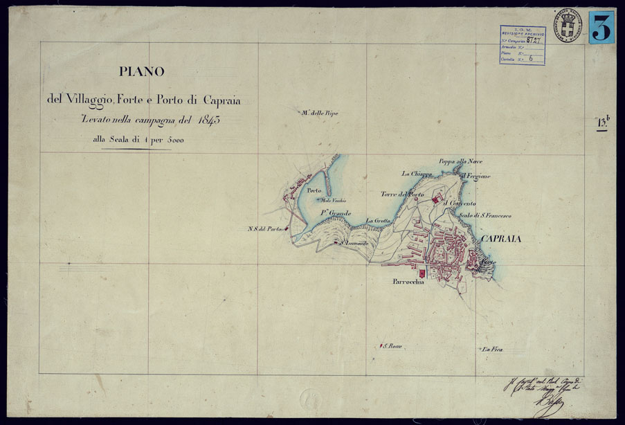 (N:13268) PIANO DEL VILLAGGIO, FORTE E PORTO DI CAPRAIA LEVATO NELLA CAMPAGNA DEL 1843. (CA000699) Carte e stampe antiche: riproduzione a colori su carta (formato A2)