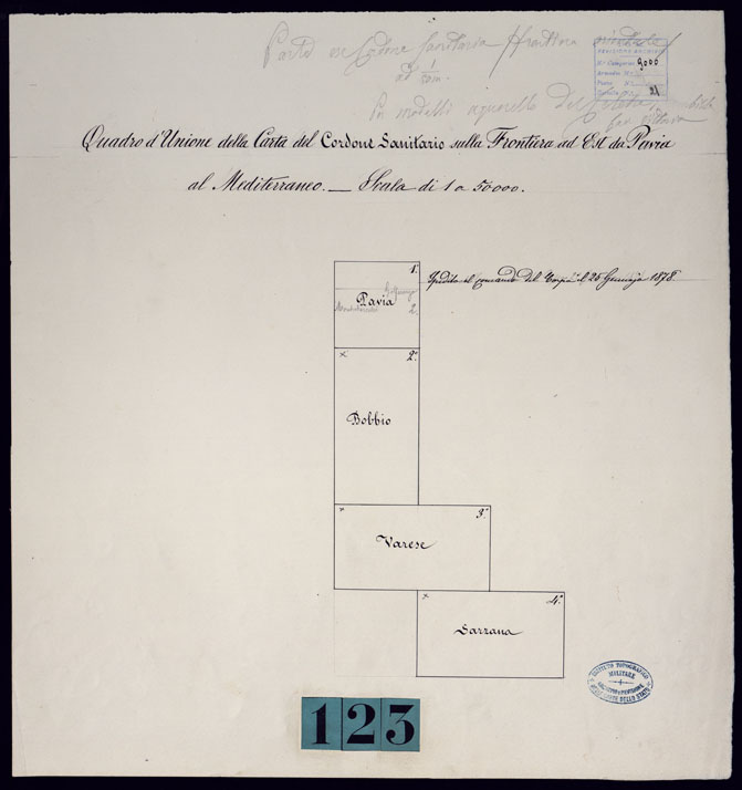 (N:23409) CARTA DEL CORDONE SANITARIO SULLA FRONTIERA AD EST DI PAVIA AL NEDITERRANEO SCALA DI 1 A 50 000 - QUADRO D'UNIONE. (CA001621) Carte e stampe antiche: riproduzione a colori su carta (formato A2)