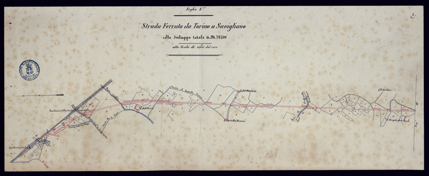 (N:9217) STADA FERRATA DA TORINO A SAVIGLIANO COLLO SVILUPPO TOTALE DI M. 38.700 - FOGLIO 1. (CA001982) Carte e stampe antiche: riproduzione a colori su carta (formato A2)