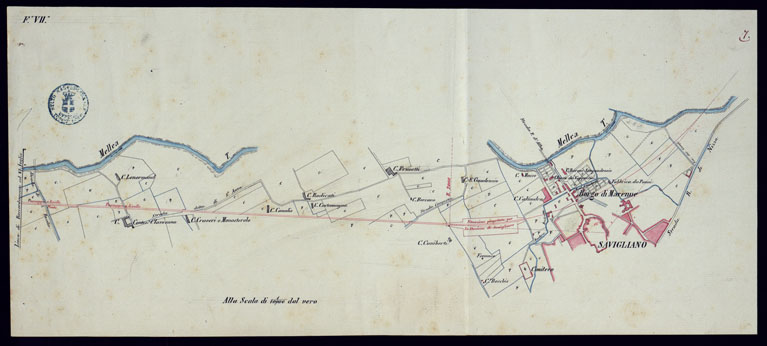 (N:9090) STADA FERRATA DA TORINO A SAVIGLIANO COLLO SVILUPPO TOTALE DI M. 38.700 - FOGLIO 7. (CA001988) Carte e stampe antiche: riproduzione a colori su carta (formato A2)