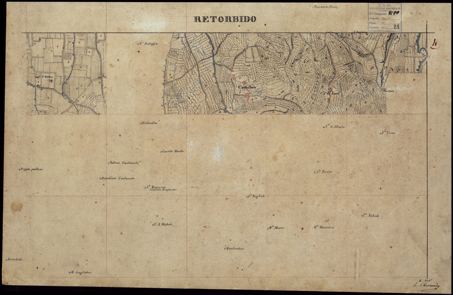 (N:23745) GRUPPO DI 132 FRAZIONI DI MINUTE DI CAMPAGNA ALLA SCALA 1:10.000 DEI RILEVAMENTI ESEGUITI NEL 1853-1867 - RETORBIDO - RILIEVI OPERATORE N. 4 (CA002353) Carte e stampe antiche: riproduzione a colori su carta (formato A2)