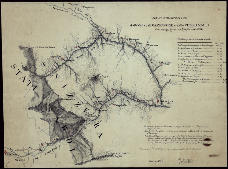 (N:4301) PIANO DIMOSTRATIVO DELLA VALLE DELL'OZZERNONE E DELLE CENTO VALLI RICONOSCENZA FATTA IN LUGLIO DEL 1836. (CA002480) Carte e stampe antiche: riproduzione a colori su carta (formato A2)