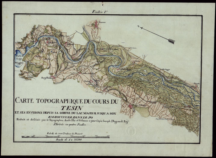 (N:23792) CARTE TOPOGRAPHIQUE DU COURS DE TESIN ET SES ENVIRONS DEPUIS SA SORTIE DU LAC MAJEUR JUSQU A SON EMBOUCHURE DANS LE PO REDUI ET DESSINEE PAR LE TOPOGRAPHES AUDE FILES ET VELASCO E POUR COPIE IOSEPH DEGRANDI ENG. DIVISEE EN QUATRE FEULLES - FEULLES I (CA002486) Carte e stampe antiche: riproduzione a colori su carta (formato A2)