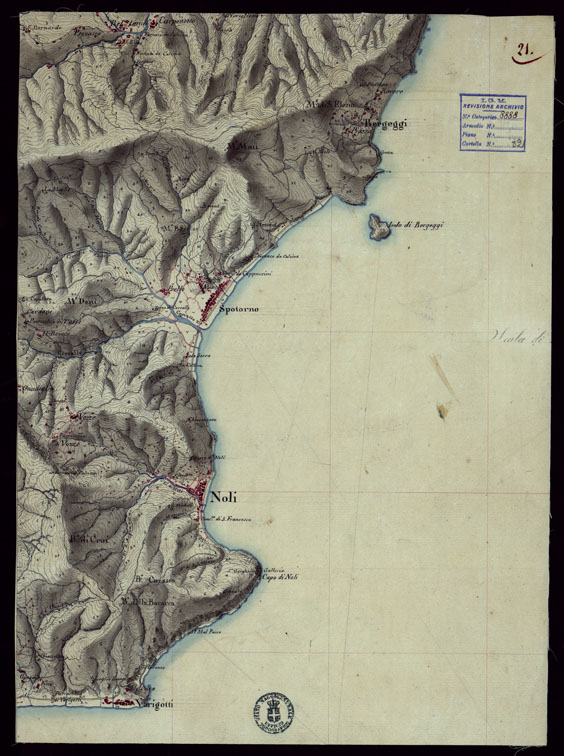 (N:15375) RICOGNIZIONI ESEGUITE ALLA SCALA DI 1/20.000 CHE COMPRENDANO LE DUE RIVIERE DEGLI EX STATI SARDI E PARTE DELLE ATTUALI PROVINCIE DI ALESSANDRIA  E DI PAVIA - FOGLIO 21. (CA002652) Carte e stampe antiche: riproduzione a colori su carta (formato A2)