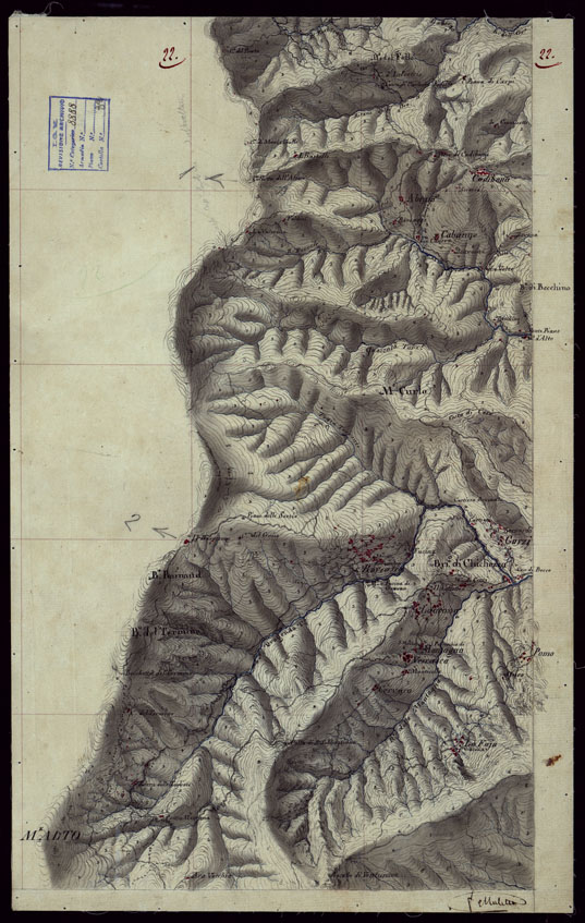(N:15376) RICOGNIZIONI ESEGUITE ALLA SCALA DI 1/20.000 CHE COMPRENDANO LE DUE RIVIERE DEGLI EX STATI SARDI E PARTE DELLE ATTUALI PROVINCIE DI ALESSANDRIA  E DI PAVIA - FOGLIO 22. (CA002653) Carte e stampe antiche: riproduzione a colori su carta (formato A2)