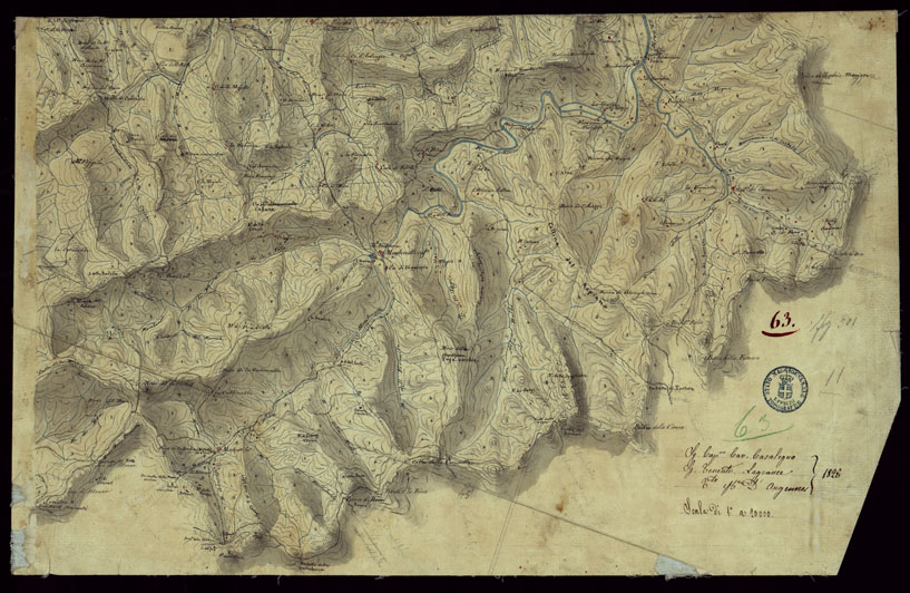 (N:15417) RICOGNIZIONI ESEGUITE ALLA SCALA DI 1/20.000 CHE COMPRENDANO LE DUE RIVIERE DEGLI EX STATI SARDI E PARTE DELLE ATTUALI PROVINCIE DI ALESSANDRIA  E DI PAVIA - FOGLIO 63. (CA002694) Carte e stampe antiche: riproduzione a colori su carta (formato A2)