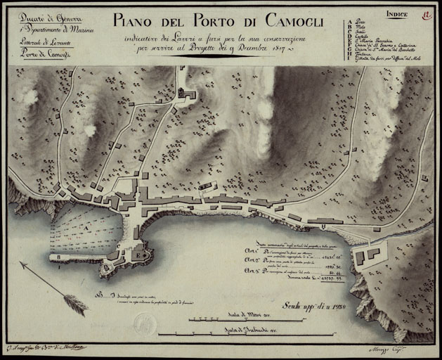 (N:13262) PIANO DEL PORTO DI CAMOGLI INDICATIVO DEI LAVORI A FARSI PER LA SUA CONSERVAZIONE E PER SERVIRE AL PROGETTO DEI 9 DICEMBRE 1817 - DUCATO DI GENOVA 1 DIPARTIMENTO DELLA MARINA LITTORALE DI LEVANTE PORTO DI CAMOGLI. (CA002975) Carte e stampe antiche: riproduzione a colori su carta (formato A2)