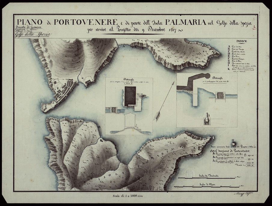 (N:13267) PIANO DEL PORTOVENERE E DI PARTE DELL'ISOLA PALMARIA NEL GOLFO DELLA SPEZIA PER SERVIRE AL PROGETTO DEI 9 DICEMBRE 1817 - DUCATO DI GENOVA DIPARTIMENTO DI MARINA LITTORALE DI DI LEVANTE GOLGO DELLA SPEZIA. (CA002993) Carte e stampe antiche: riproduzione a colori su carta (formato A2)