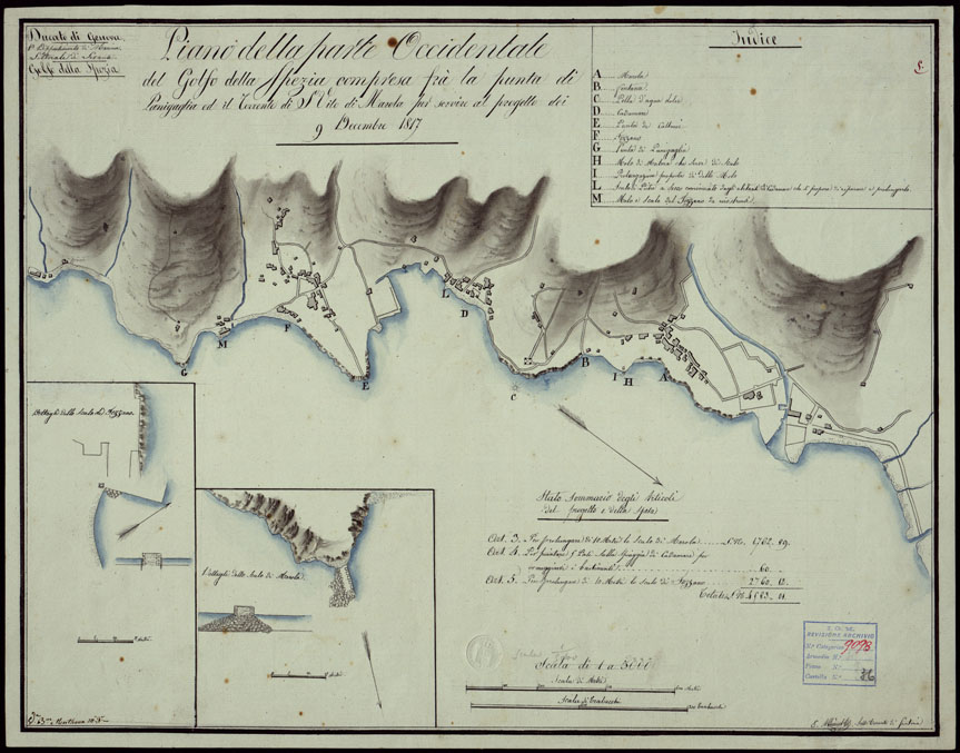 (N:23812) PIANO DELLA PARTE OCCIDENTALE DEL GOLFO DELLA SPEZIA COMPRESE LA PUNTA DI PANIGAGLIA ED IL TORRENTE DI S.VITO DI MOROLA PER SERVIRE AL PROGETTO DEI 9 DICEMBR 1817- DUCATO DI GENOVA 1 DIPARTIMENTO DI MARINA LITTORALE DI LEVANTE GOLFO DELLA SPEZIA. (CA003000) Carte e stampe antiche: riproduzione a colori su carta (formato A2)
