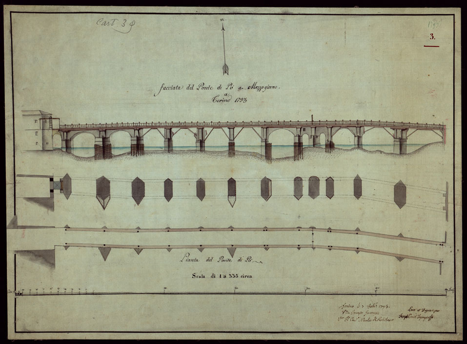 (N:23821) FACCIATA DEL PONTE DI PO' A MEZZOGIORNO A TORINO 1793. (CA003032) Carte e stampe antiche: riproduzione a colori su carta (formato A2)