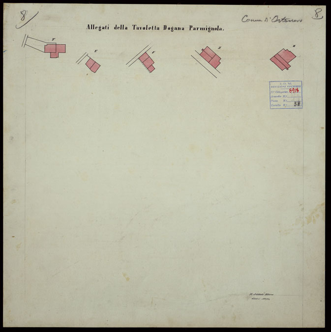 (N:1107) RILEVAMENTO PARCELLARE COLLA TAVOLETTA NEL COMUNE DI ORTONOVO - ALLEGATI DELLA TAVOLETTA DOGANA PARMIGNOLA. (CA003132) Carte e stampe antiche: riproduzione a colori su carta (formato A2)