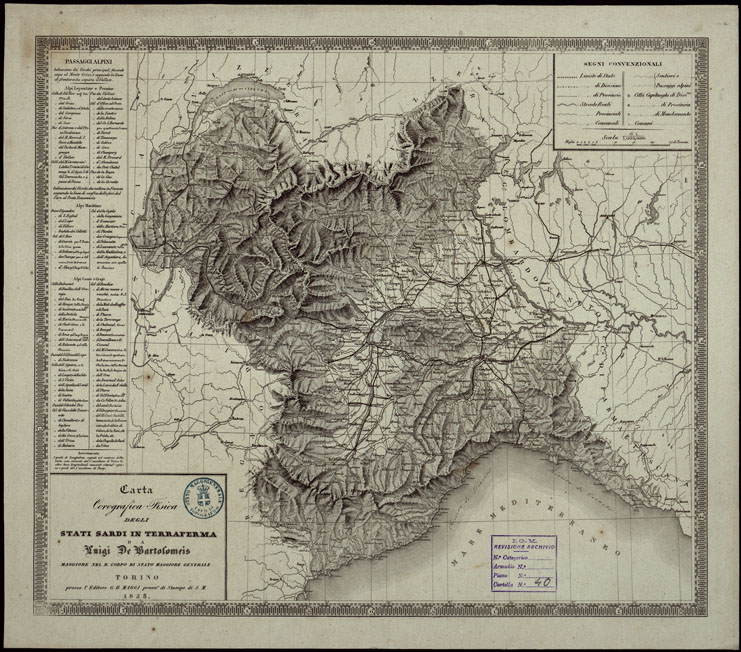 (N:24181) CARTA COROGRAFICA FISICA DEGLI STATI SARDI IN TERRAFERMA DA LUIGI DE BARTOLOMEIS MAGGIORE NEL R. CORPO DI STATO MAGGIORE GENERALE. (CA003292) Carte e stampe antiche: riproduzione a colori su carta (formato A2)