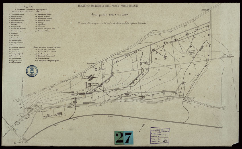 (N:777) PROGETTO D'UNA FABBRICA DELLE POLVERI PRESSO FOSSANO PIANO GENERALE SCALA DI 1 A 4.000. IL PIANO DI PARAGONE E' A 30 METRI AL DISSOPRA DELLA SOGLIA DELL'URBANETTO. (CA003375) Carte e stampe antiche: riproduzione a colori su carta (formato A2)