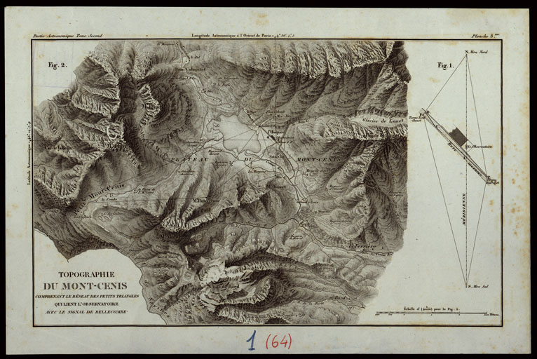 (N:24474) TOPOGRAPHIE DU MONT-CENIS COMPRENANT LA RESEAU DES PETITS TRIANGLES QUI LIENT L'OBSERVATOIRE AVEC LE SIGNAL DE BELLECOMBE - FOGLIO 1 (64) (CA003976) Carte e stampe antiche: riproduzione a colori su carta (formato A2)