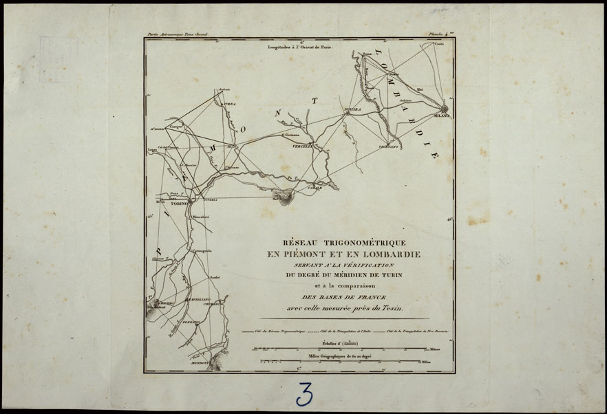 (N:24476) RESEAU TRIGONOMETRIQUE EN PIEMONT ET LOMBARDIE SERVANT A LA VERIFICATION DU DEGRE DU MERIDIEN DE TURIN ET A' LA COMPARAISON DES BASES DE FRANCE AVEC CELLE MESUREE PRES DU TESIN - FOGLIO 3 (CA003978) Carte e stampe antiche: riproduzione a colori su carta (formato A2)