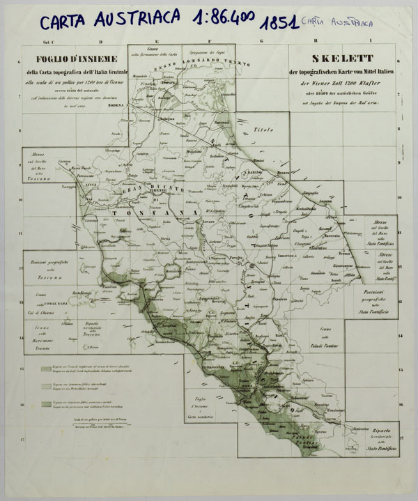 (N:24548) CARTA TOPOGRAFICA DELLO STATO PONTIFICIO E DEL GRAN-DUCATO DI TOSCANA COSTRUTTA SOPRA MISURE ASTRONOMICO TRIGONOMETRICHE ED INCISA SOPRA PIETRA A VIENNA NELL'I.R. ISTITUTO GEOGRAFICO MILITARE - QUADRO D'UNIONE (CA004441) Carte e stampe antiche: riproduzione a colori su carta (formato A2)