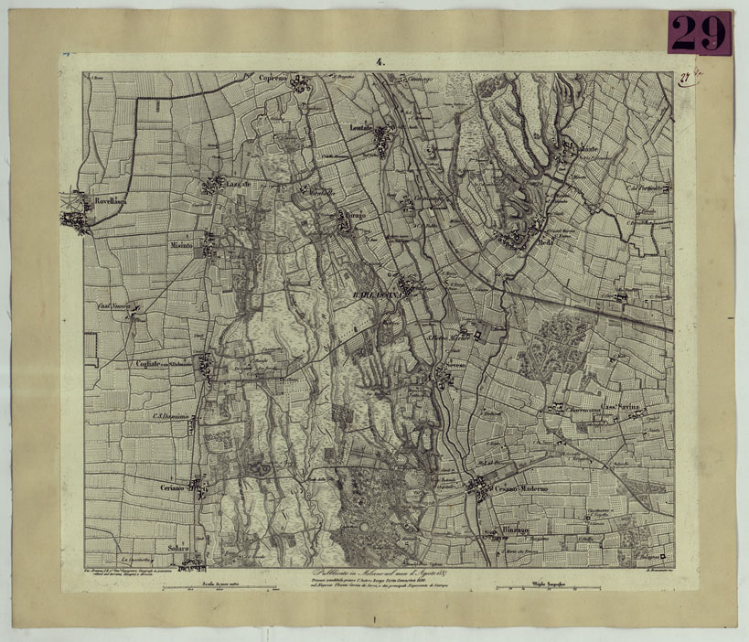 (N:9388) CARTA TOPOGRAFICA DEI CONTORNI DI MILANO RILEVATA D'IN SUL TERRENO E DISEGNATA NELLA PROPORZIONALE SCALA DI 1 A 25.000 DAL PRIMO TENENTE INGEGNERE GEOGRAFO PENSIONATO GIOVANNI BRENNA A. VALLARDI, EDIT. -TAVOLA 4 (CA004951) Carte e stampe antiche: riproduzione a colori su carta (formato A2)