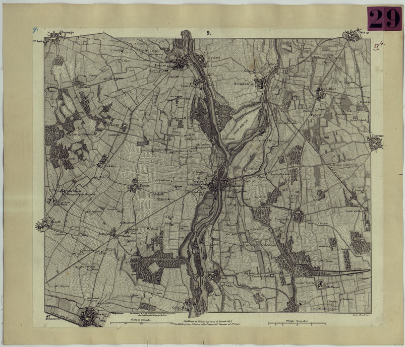 (N:9393) CARTA TOPOGRAFICA DEI CONTORNI DI MILANO RILEVATA D'IN SUL TERRENO E DISEGNATA NELLA PROPORZIONALE SCALA DI 1 A 25.000 DAL PRIMO TENENTE INGEGNERE GEOGRAFO PENSIONATO GIOVANNI BRENNA A. VALLARDI, EDIT. -TAVOLA 9 (CA004956) Carte e stampe antiche: riproduzione a colori su carta (formato A2)