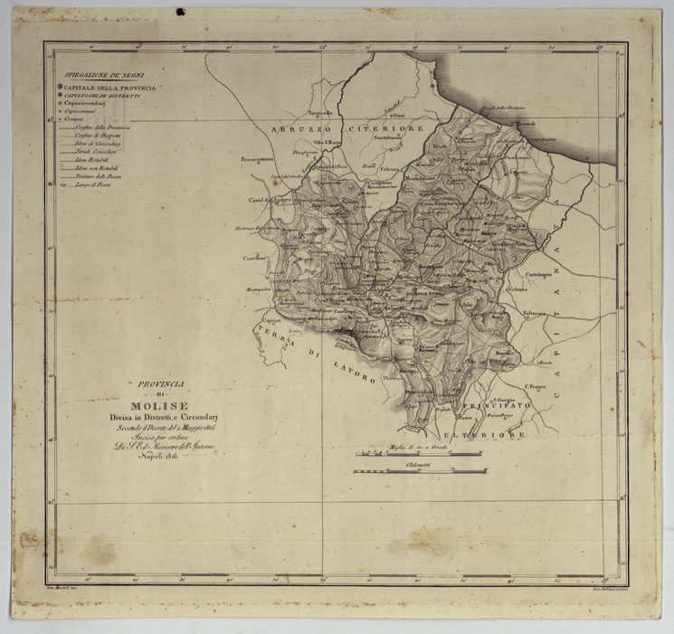 (N:315) ATLANTE DELLE QUINDICI PROVINCIE AL DI QUA DEL FARO DEL REGNO DELLE DUE SICILIE A NORMA DELLA LEGGE DEL 1 MAGGIO 1816. INCISE D'ORDINE DI S. E. IL SEGRETARIO DI STATO MINISTRO DEGLI AFFARI INTERNI DA GENNARO BARTOLI - PROVINCIA DI MOLISE. (CA007021) Carte e stampe antiche: riproduzione a colori su carta (formato A2)