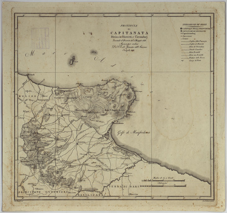(N:314) ATLANTE DELLE QUINDICI PROVINCIE AL DI QUA DEL FARO DEL REGNO DELLE DUE SICILIE A NORMA DELLA LEGGE DEL 1 MAGGIO 1816. INCISE D'ORDINE DI S. E. IL SEGRETARIO DI STATO MINISTRO DEGLI AFFARI INTERNI DA GENNARO BARTOLI - PROVINCIA DI CAPITANATA. (CA007024) Carte e stampe antiche: riproduzione a colori su carta (formato A2)