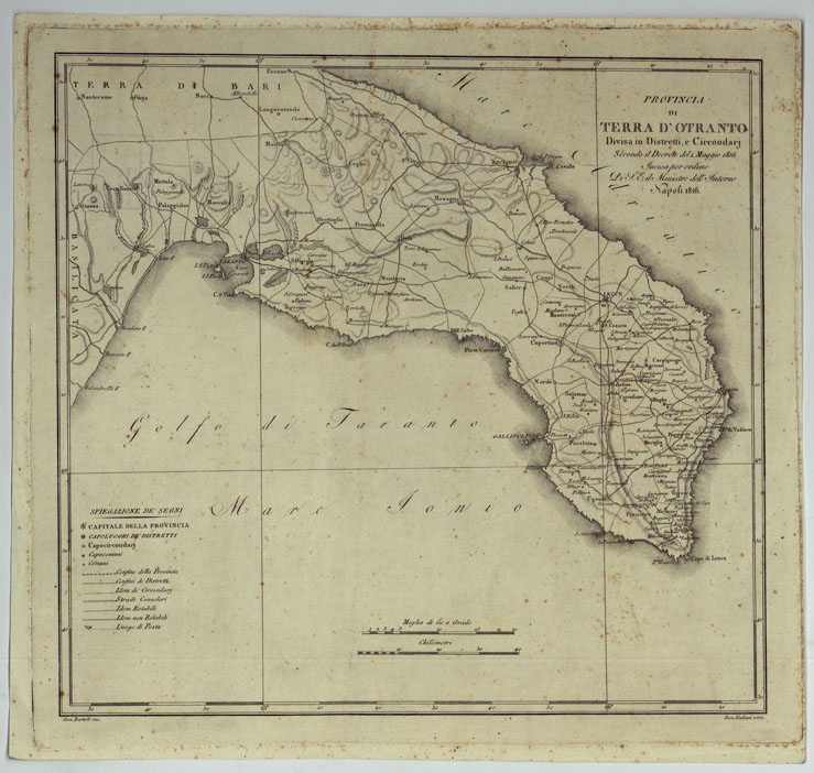(N:317) ATLANTE DELLE QUINDICI PROVINCIE AL DI QUA DEL FARO DEL REGNO DELLE DUE SICILIE A NORMA DELLA LEGGE DEL 1 MAGGIO 1816. INCISE D'ORDINE DI S. E. IL SEGRETARIO DI STATO MINISTRO DEGLI AFFARI INTERNI DA GENNARO BARTOLI - PROVINCIA DI TERRA D'OTRANTO. (CA007026) Carte e stampe antiche: riproduzione a colori su carta (formato A2)