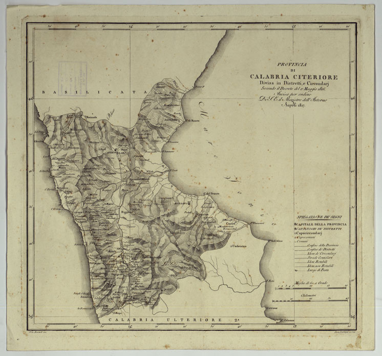 (N:311) ATLANTE DELLE QUINDICI PROVINCIE AL DI QUA DEL FARO DEL REGNO DELLE DUE SICILIE A NORMA DELLA LEGGE DEL 1 MAGGIO 1816. INCISE D'ORDINE DI S. E. IL SEGRETARIO DI STATO MINISTRO DEGLI AFFARI INTERNI DA GENNARO BARTOLI - PROVINCIA DI CALABRIA CITERIORE. (CA007028) Carte e stampe antiche: riproduzione a colori su carta (formato A2)