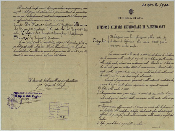 (N:9569) CARTA DEI DINTORNI DI PALERMO ALLA SCALA DI 1 A 10.000 PER LEMANOVRE SULLA CARTA ESEGUITA MEDIANTE INGRANDIMENTO GEOMETRICO DELLA CARTA AL 50.000, RIVEDUTA E COMPLETATA IN OGNI PARTE SUL TERRENO, CON STRUMENTI PER LEVATE SPEDITIVE - TITOLO (CA007306, CA007307, CA007308, CA007309) Carte e stampe antiche: riproduzione a colori su carta (formato A2)