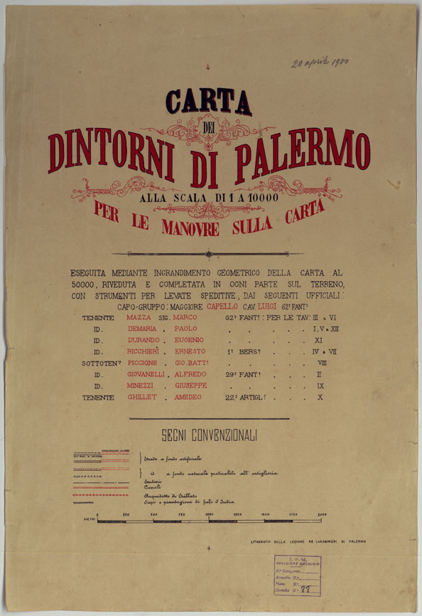 (N:9569) CARTA DEI DINTORNI DI PALERMO ALLA SCALA DI 1 A 10.000 PER LEMANOVRE SULLA CARTA ESEGUITA MEDIANTE INGRANDIMENTO GEOMETRICO DELLA CARTA AL 50.000, RIVEDUTA E COMPLETATA IN OGNI PARTE SUL TERRENO, CON STRUMENTI PER LEVATE SPEDITIVE - TITOLO (CA007306, CA007307, CA007308, CA007309) Carte e stampe antiche: riproduzione a colori su carta (formato A2)