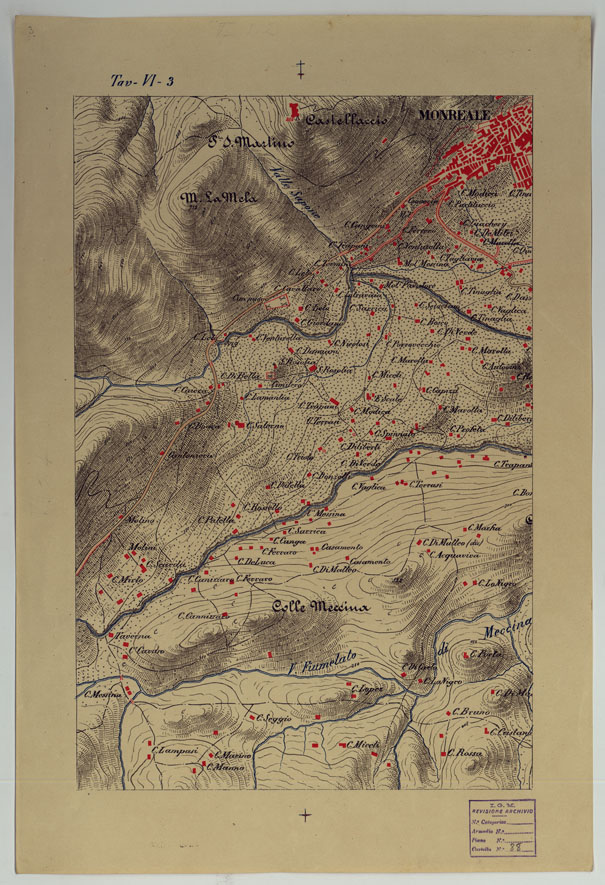 (N:9535) CARTA DEI DINTORNI DI PALERMO ALLA SCALA DI 1 A 10.000 PER LEMANOVRE SULLA CARTA ESEGUITA MEDIANTE INGRANDIMENTO GEOMETRICO DELLA CARTA AL 50.000, RIVEDUTA E COMPLETATA IN OGNI PARTE SUL TERRENO, CON STRUMENTI PER LEVATE SPEDITIVE - TAVOLA VI 3. (CA007333) Carte e stampe antiche: riproduzione a colori su carta (formato A2)