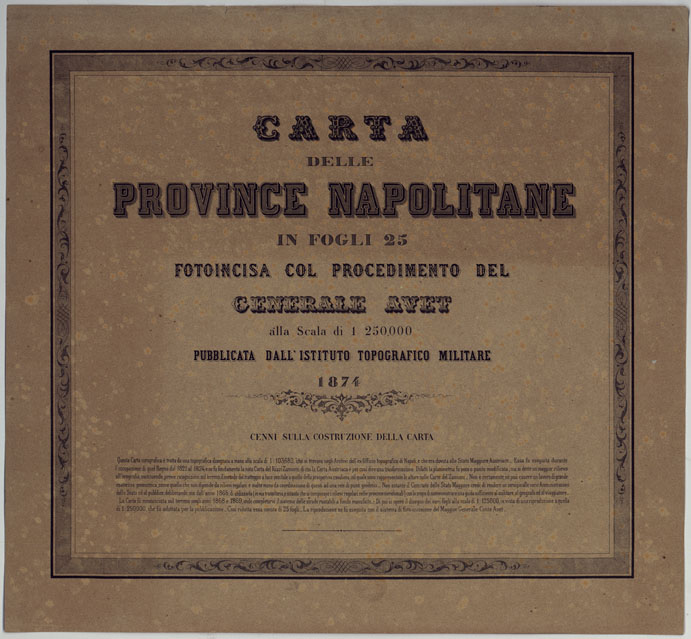 (N:14584) CARTA DELLE PROVINCE NAPOLITANE IN FOGLI 25 FOTOINCISA COL PROCEDIMENTO DEL GENERALE AVET ALLA SCALA DI 1:250.000 PUBBLICATA DALL'ISTITUTO TOPOGRAFICO MILITARE, 1874 - TITOLO. (CA007522) Carte e stampe antiche: riproduzione a colori su carta (formato A2)