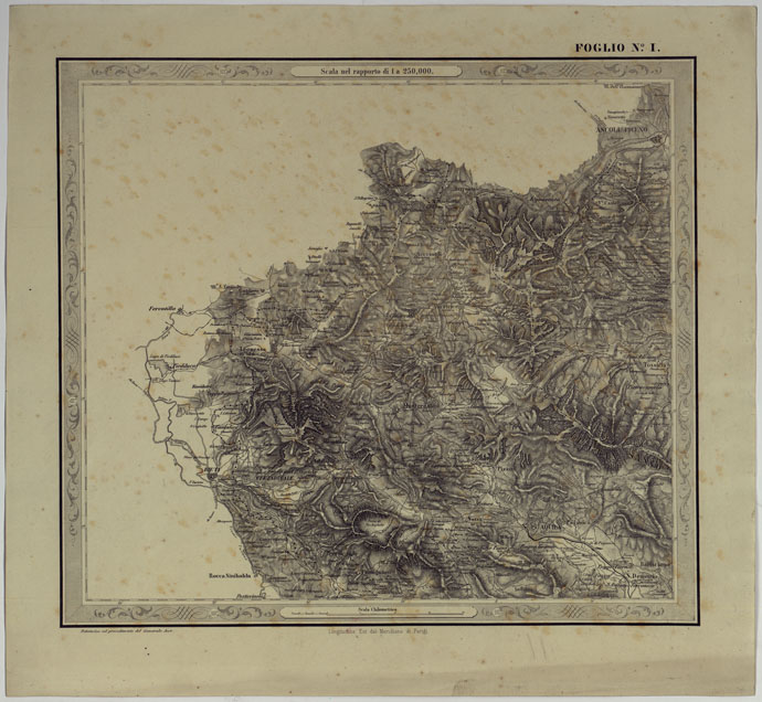 (N:14566) CARTA DELLE PROVINCE NAPOLITANE IN FOGLI 25 FOTOINCISA COL PROCEDIMENTO DEL GENERALE AVET ALLA SCALA DI 1:250.000 PUBBLICATA DALL'ISTITUTO TOPOGRAFICO MILITARE, 1874 - FOGLIO I. (CA007523) Carte e stampe antiche: riproduzione a colori su carta (formato A2)