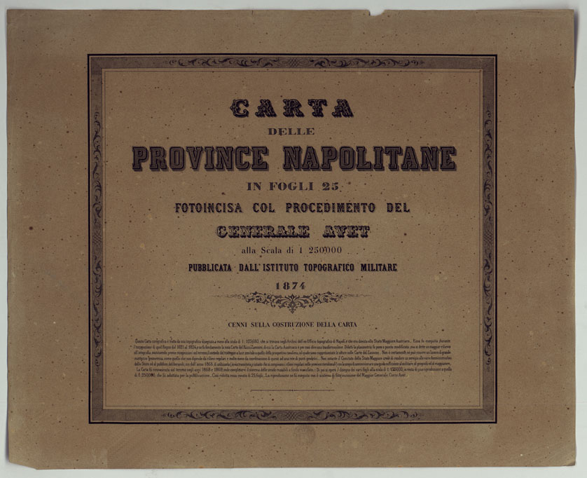 (N:25164) CARTA DELLE PROVINCE NAPOLITANE IN FOGLI 25 FOTOINCISA COL PROCEDIMENTO DEL GENERALE AVET ALLA SCALA DI 1:250.000 COPIA COMPLETA RIVEDUTA DAL 1882 AL 1884 PUBBLICATA DALL'ISTITUTO TOPOGRAFICO MILITARE, 1874 - TITOLO. (CA007542) Carte e stampe antiche: riproduzione a colori su carta (formato A2)