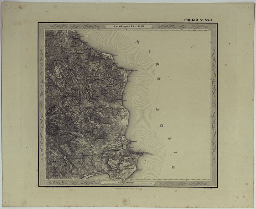 (N:25186) CARTA DELLE PROVINCE NAPOLITANE IN FOGLI 25 FOTOINCISA COL PROCEDIMENTO DEL GENERALE AVET ALLA SCALA DI 1:250.000 COPIA COMPLETA RIVEDUTA DAL 1882 AL 1884 PUBBLICATA DALL'ISTITUTO TOPOGRAFICO MILITARE, 1874 - FOGLIO XXII. (CA007564) Carte e stampe antiche: riproduzione a colori su carta (formato A2)