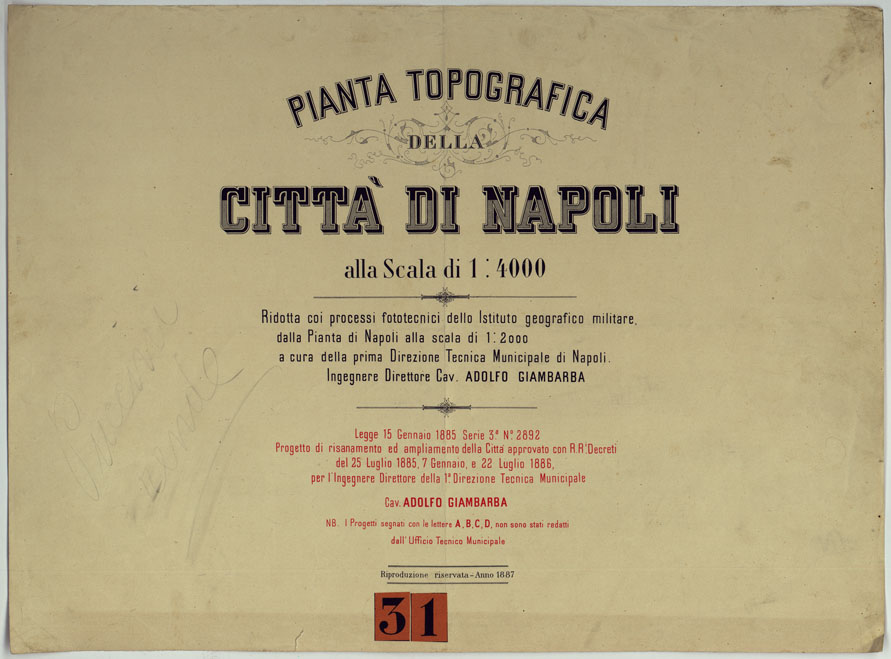 (N:25200) PIANTA TOPOGRAFICA DELLA CITTA' DI NAPOLI ALLA SCALA DI 1:4.000 EDIZIONE CON APPROVAZIONE PER AGGIORNAMENTI CATASTALI - TITOLO. (CA007604) Carte e stampe antiche: riproduzione a colori su carta (formato A2)