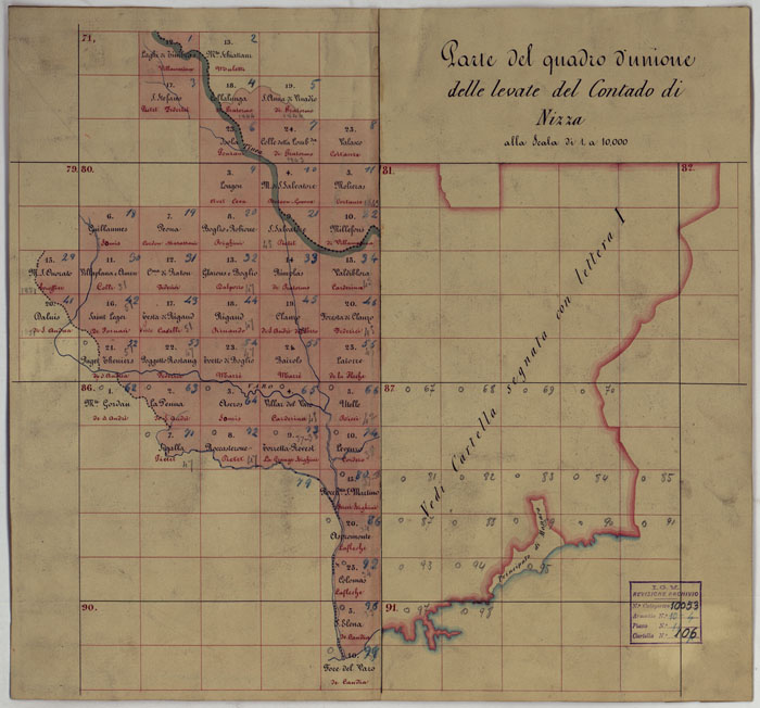 (N:16595) TERRITORIO DELLA CONTEA DI NIZZA - PARTE DEL QUADRO D'UNIONE DELLE LEVATE DEL CONTADO DI NIZZA ALLA SCALA DI 1 A 10.000. (CA008415) Carte e stampe antiche: riproduzione a colori su carta (formato A2)