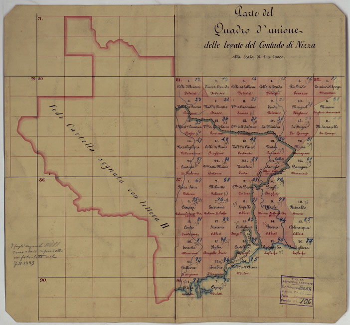 (N:16594) TERRITORIO DELLA CONTEA DI NIZZA - PARTE DEL QUADRO D'UNIONE DELLE LEVATE DEL CONTADO DI NIZZA ALLA SCALA DI 1 A 10.000. (CA008416) Carte e stampe antiche: riproduzione a colori su carta (formato A2)